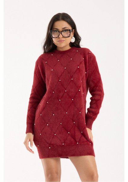 Kadın Bordo Sakal Iplik Taş Detaylı Bisiklet Yaka Triko Kazak