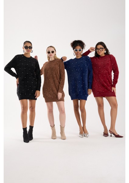 Kadın Bordo Sakal Iplik Taş Detaylı Bisiklet Yaka Triko Kazak