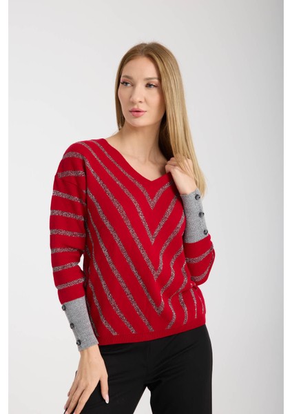 Kadın Bordo Simli V Yaka Kazak