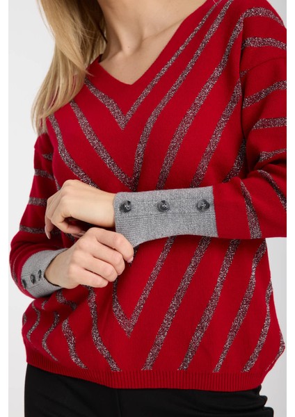 Kadın Bordo Simli V Yaka Kazak fiyatları