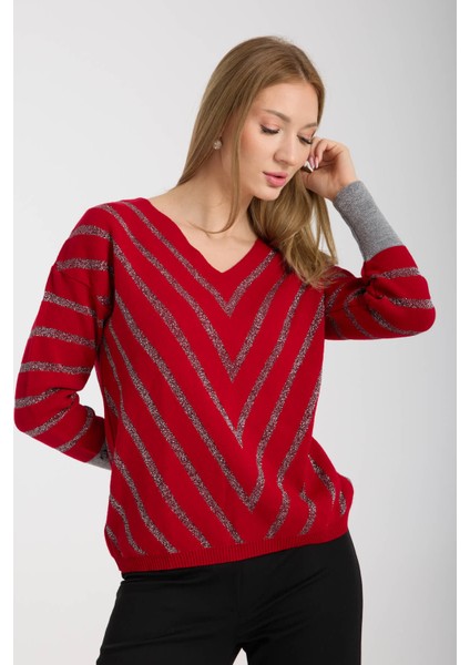 Kadın Bordo Simli V Yaka Kazak modelleri