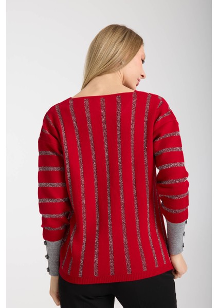 Kadın Bordo Simli V Yaka Kazak fırsatları