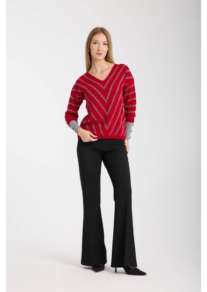 Kadın Bordo Simli V Yaka Kazak indirimleri