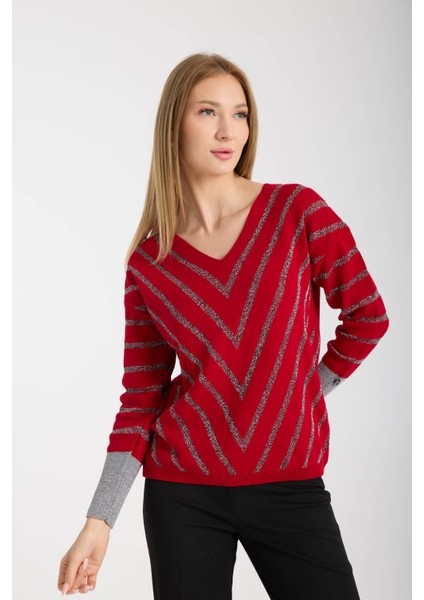 Kadın Bordo Simli V Yaka Kazak