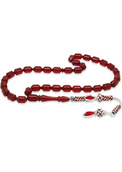 Bakır Kazaz Püsküllü Uçlu Kapsül Kesim Koyu Kırmızı Ateş Kehribar Tesbih