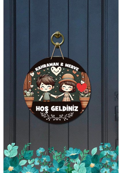 Kapı Süsü Kahraman & Merve Hoş Geldiniz Ahşap Baskı Kişiye Özel Tasarım modelleri