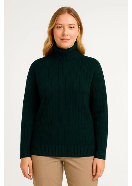 Balıkcı Yaka Bağazlı Triko Kazak Pamuklu Kalın Fitilli Dokuma - Haki modelleri