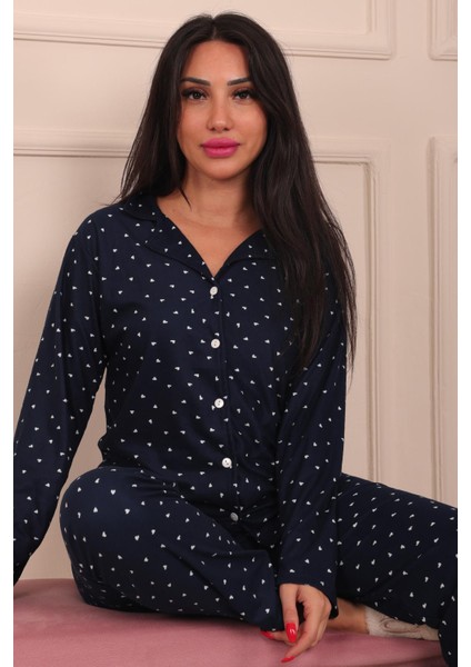 Kadın Minik Kalp Desenli Önü Düğmeli Uzun Kol Altı Uzun Süet Pijama Takımı