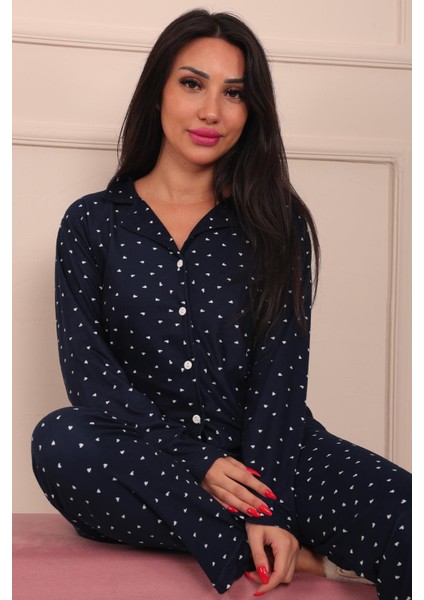 Kadın Minik Kalp Desenli Önü Düğmeli Uzun Kol Altı Uzun Süet Pijama Takımı fiyatları