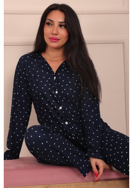 Kadın Minik Kalp Desenli Önü Düğmeli Uzun Kol Altı Uzun Süet Pijama Takımı fırsatları