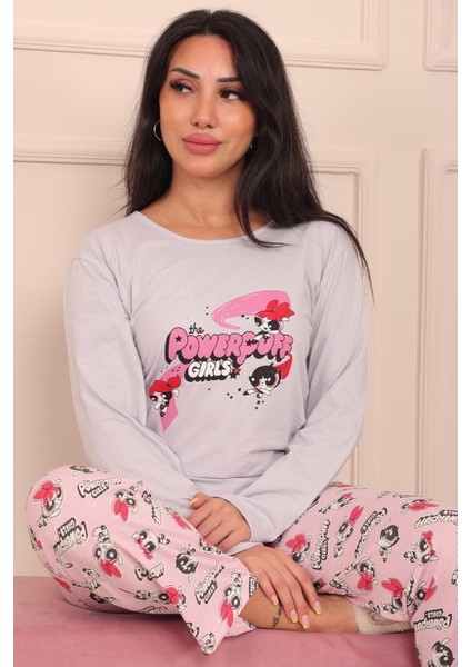 Kadın Powerpuff Girls Sloganlı ve Altı Desenli Bisiklet Yaka Uzun Kol Altı Uzun Penye Pijama Takımı
