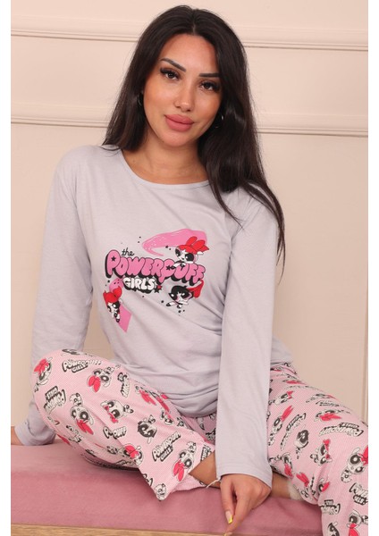 Kadın Powerpuff Girls Sloganlı ve Altı Desenli Bisiklet Yaka Uzun Kol Altı Uzun Penye Pijama Takımı fiyatları