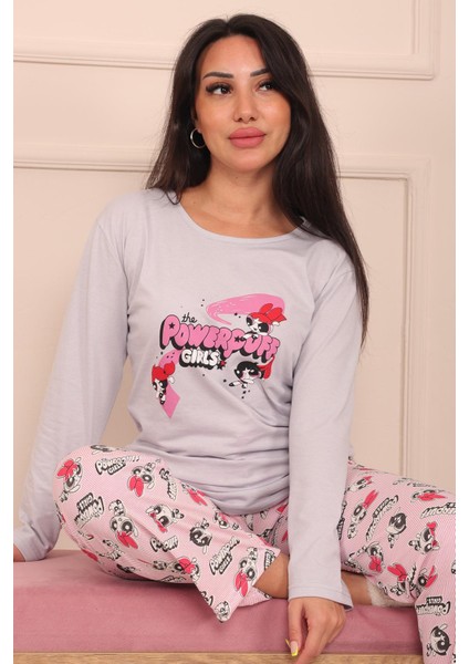 Kadın Powerpuff Girls Sloganlı ve Altı Desenli Bisiklet Yaka Uzun Kol Altı Uzun Penye Pijama Takımı modelleri