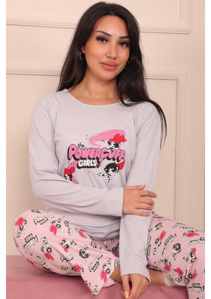 Kadın Powerpuff Girls Sloganlı ve Altı Desenli Bisiklet Yaka Uzun Kol Altı Uzun Penye Pijama Takımı fırsatları