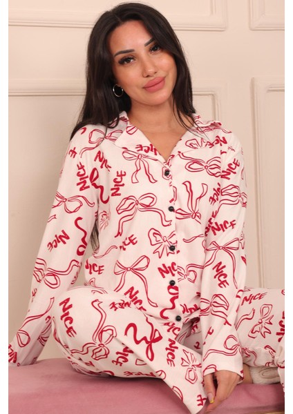 Kadın Fiyonk ve Nice Slogan Desenli Önü Düğmeli Uzun Kol Altı Uzun Süet Pijama Takımı