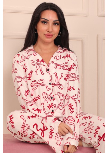 Kadın Fiyonk ve Nice Slogan Desenli Önü Düğmeli Uzun Kol Altı Uzun Süet Pijama Takımı fiyatları