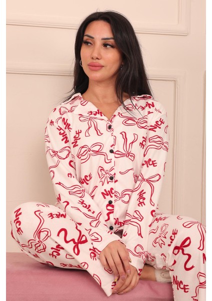Kadın Fiyonk ve Nice Slogan Desenli Önü Düğmeli Uzun Kol Altı Uzun Süet Pijama Takımı modelleri