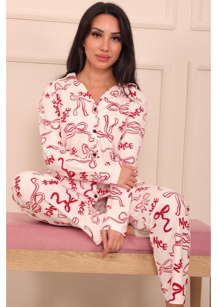 Kadın Fiyonk ve Nice Slogan Desenli Önü Düğmeli Uzun Kol Altı Uzun Süet Pijama Takımı fırsatları