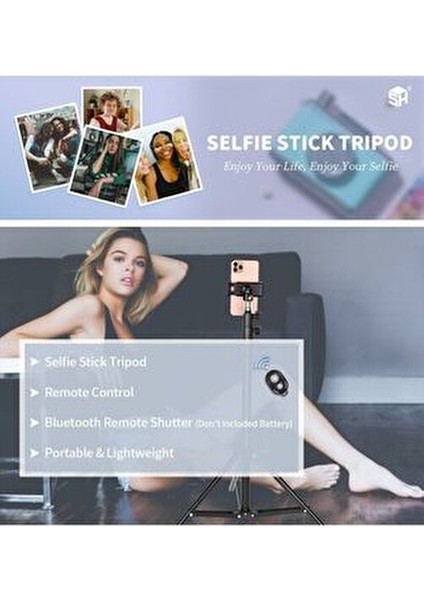 Bluetoot Kumandalı Tripod 2.1 mt 360 Döner Başlıklı Telefon Tutucu Ring Light Stüdyo Lamba Ayağı