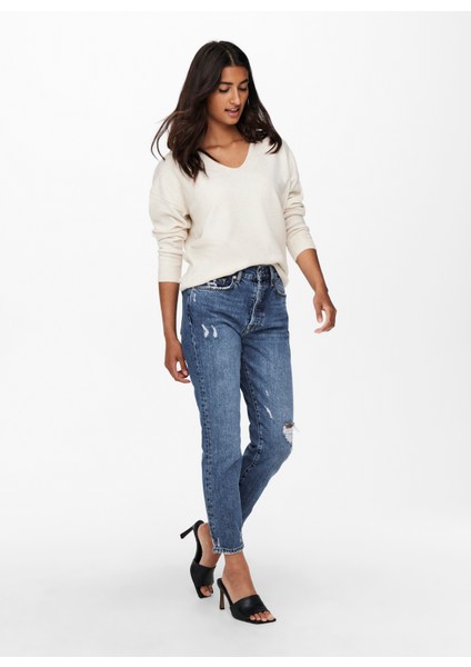 V Yaka Normal Düz Krem Kazak Kadın Onlrıca Lıfe L/s V-Neck Pullo Knt N