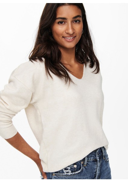 V Yaka Normal Düz Krem Kazak Kadın Onlrıca Lıfe L/s V-Neck Pullo Knt N modelleri