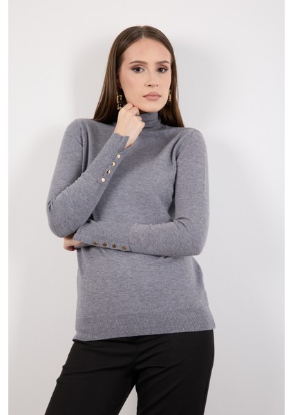 Kadın Gri Çıtçıtlı Kollu Balıkçı Yaka Triko Bluz