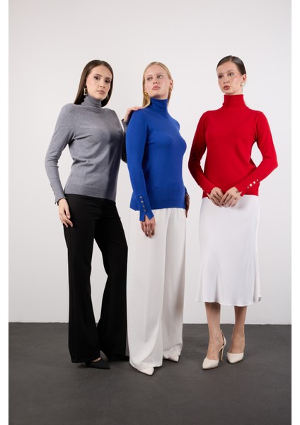 Kadın Gri Çıtçıtlı Kollu Balıkçı Yaka Triko Bluz