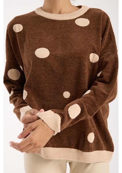 Kadın Kahve Puantiyeli Şönil Kadife Bisiklet Yaka Triko Kazak modelleri