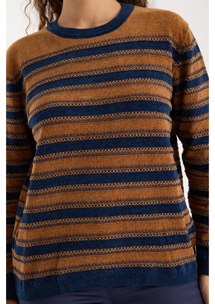 Kadın Taba-Laci Çizgili Çapraz Kontrast Dikiş Detaylı Şönil Kadife Triko Kazak modelleri