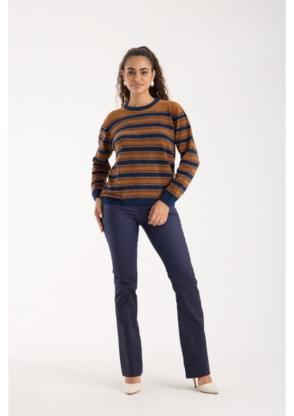 Kadın Taba-Laci Çizgili Çapraz Kontrast Dikiş Detaylı Şönil Kadife Triko Kazak fırsatları