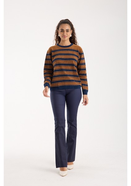 Kadın Taba-Laci Çizgili Çapraz Kontrast Dikiş Detaylı Şönil Kadife Triko Kazak indirimleri