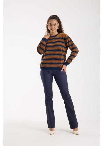 Kadın Taba-Laci Çizgili Çapraz Kontrast Dikiş Detaylı Şönil Kadife Triko Kazak