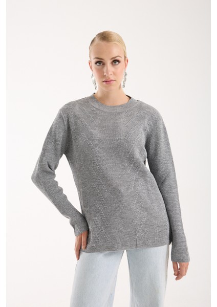 Kadın Gri Selanik Örgü Bisiklet Yaka Simli Triko Kazak