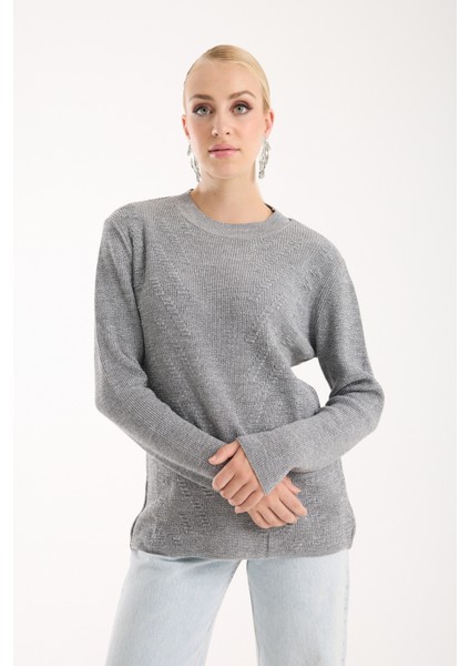 Kadın Gri Selanik Örgü Bisiklet Yaka Simli Triko Kazak fiyatları