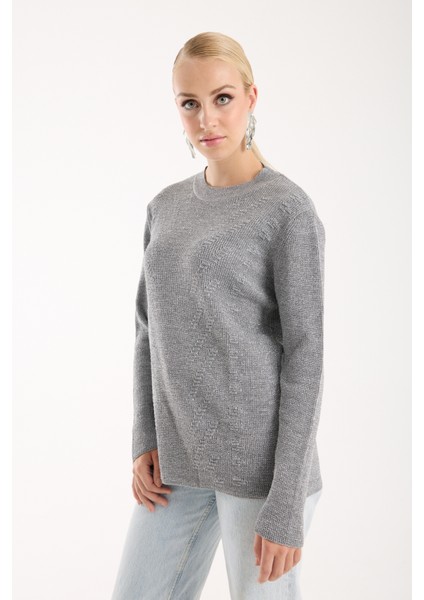 Kadın Gri Selanik Örgü Bisiklet Yaka Simli Triko Kazak modelleri
