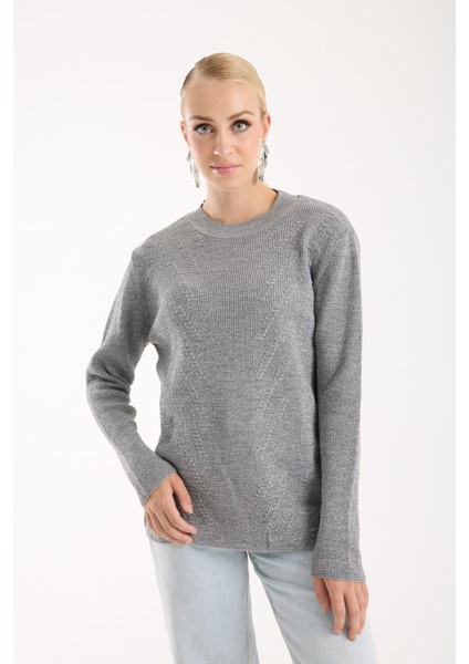Kadın Gri Selanik Örgü Bisiklet Yaka Simli Triko Kazak indirimleri