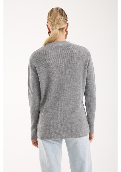 Kadın Gri Selanik Örgü Bisiklet Yaka Simli Triko Kazak