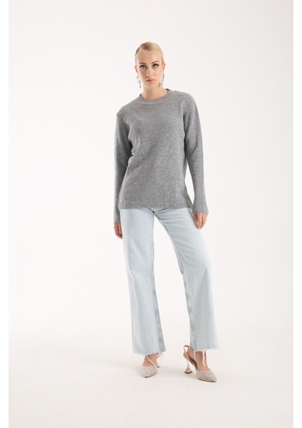 Kadın Gri Selanik Örgü Bisiklet Yaka Simli Triko Kazak