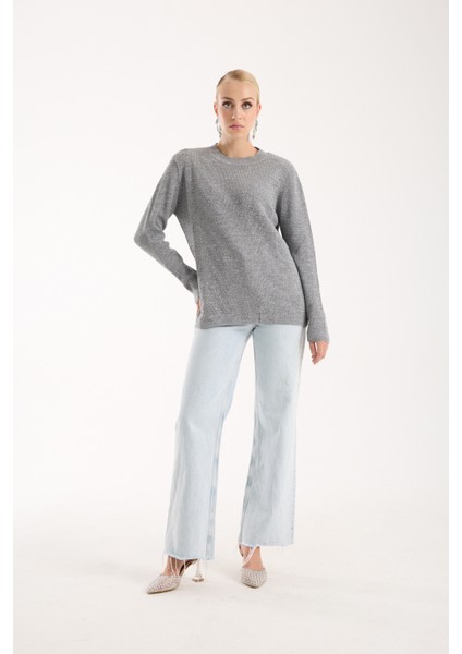 Kadın Gri Selanik Örgü Bisiklet Yaka Simli Triko Kazak