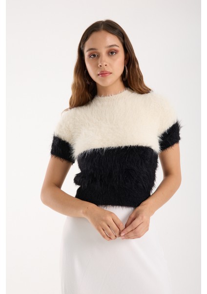 Kadın Ekru-Siyah Sakal Iplik Iki Renkli Kısa Kollu Bisiklet Yaka Triko Kazak fiyatları