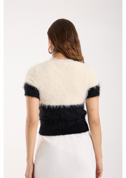 Kadın Ekru-Siyah Sakal Iplik Iki Renkli Kısa Kollu Bisiklet Yaka Triko Kazak