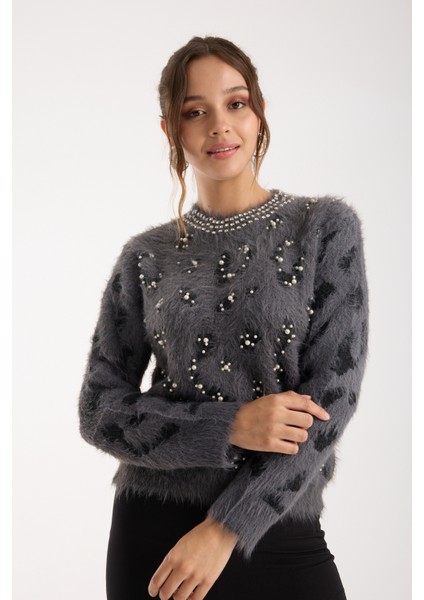 Kadın Füme Sakal Iplik Taş ve Inci Detaylı Bisiklet Yaka Triko Kazak fiyatları