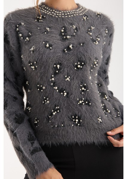 Kadın Füme Sakal Iplik Taş ve Inci Detaylı Bisiklet Yaka Triko Kazak modelleri