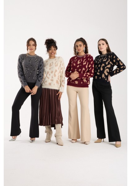 Kadın Füme Sakal Iplik Taş ve Inci Detaylı Bisiklet Yaka Triko Kazak