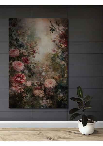 Romantik Gül Bahçesi Yağlı Boya Görünümlü Ahşap Dekoratif Tablo Dikdörtgen Tablo