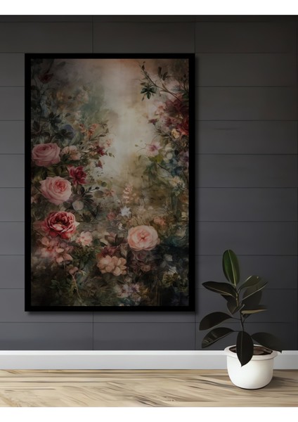 Romantik Gül Bahçesi Yağlı Boya Görünümlü Ahşap Dekoratif Tablo Dikdörtgen Tablo fiyatları