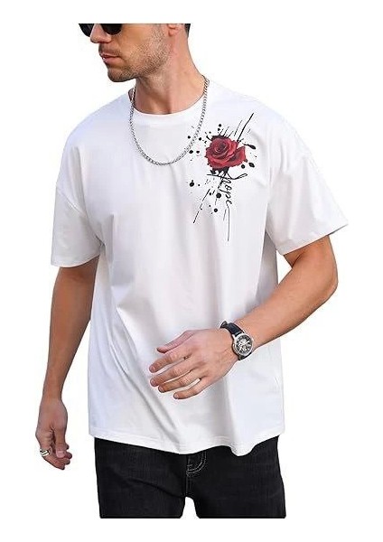 Erkek Bisiklet Yaka Kısa Kol Baskılı T-Shirt - Beyaz fiyatları