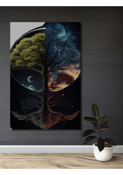 Yıldızlı Gökyüzü ve Hayat Ağacı Yağlı Boya Görünümlü Ahşap Dekoratif Tablo Dikdörtgen Tablo