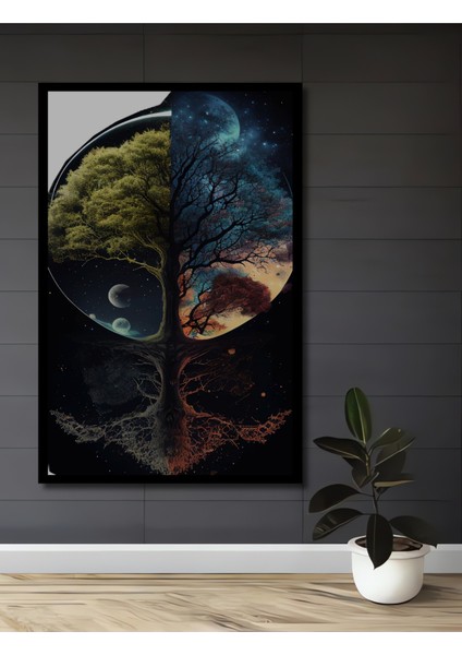 Yıldızlı Gökyüzü ve Hayat Ağacı Yağlı Boya Görünümlü Ahşap Dekoratif Tablo Dikdörtgen Tablo fiyatları