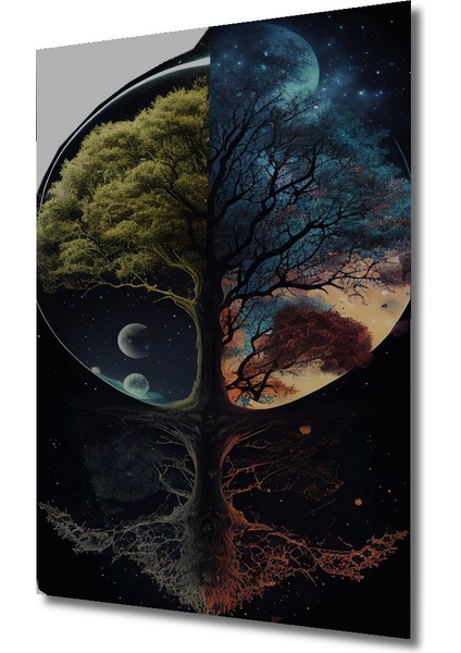 Yıldızlı Gökyüzü ve Hayat Ağacı Yağlı Boya Görünümlü Ahşap Dekoratif Tablo Dikdörtgen Tablo modelleri